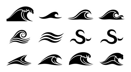 Set of 12 Black Wave Icons, Ocean Swells and Water Symbols, Marine and Nautical Design Elements for Coastal and Aquatic Themes © Tahmina