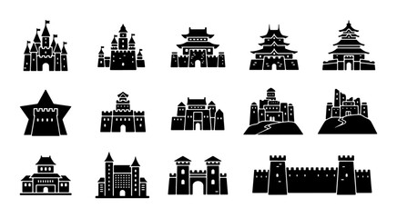 Diverse Castle and Fortress Icons Set, Medieval Fortifications Vector Collection, Fantasy Architecture Symbols, Royal Palace Silhouettes for Design © Roksana