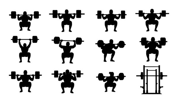 Weightlifting Icons Set, Strength Training Silhouettes, Barbell Exercises Collection, Fitness Workout Poses Vector Graphics