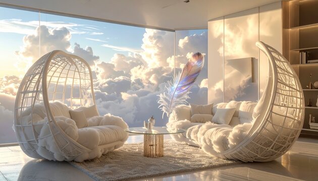 Surreal living room with cloud furniture and a giant iridescent feather overlooks a dramatic sky, offering a peaceful and highly creative concept for modern design. This cinematic widescreen image ble