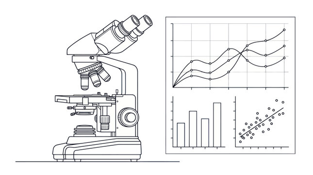 Microscope and Scientific Data Charts Line Art Illustration