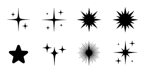 Obraz premium Sparkle Starburst Icons Set, Black Glittering Emblems, Festive Shiny Accents, Vector Graphic Elements for Celebration and Design