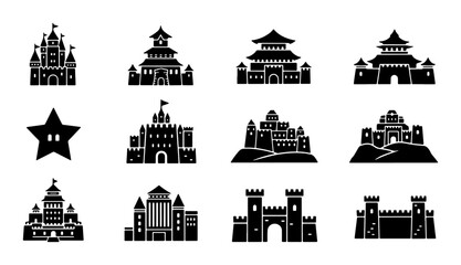Diverse Castle and Fortress Icons, Fantasy Architecture Silhouettes, Medieval and Asian Building Vector Set, Royal Palace and Stronghold Graphics © Roksana