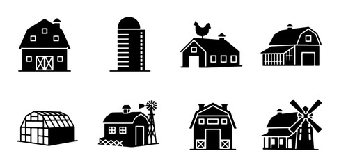 Farm Buildings Vector Icons: Barns, Silo, Greenhouse, Windmill, Chicken Coop, Rustic Rural Architecture Collection © Nazmul
