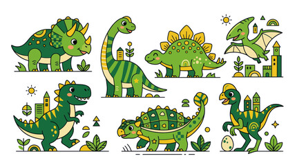 Cute Cartoon Dinosaurs Collection: Triceratops, Brontosaurus, Pterodactyl © purnama