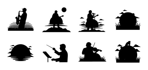 Musician Silhouettes Collection: Saxophone, Guitar, Violin, Conductor, Set of 8 Vector Icons for Music Events, Concerts, and Performances © Nazmul