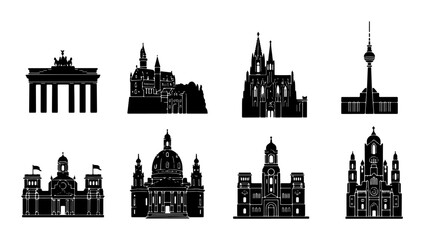 Berlin Landmarks Silhouette Collection, Iconic German Architecture Vector Icons, Brandenburg Gate and Reichstag Building, Modern and Historic City Buildings © Arif