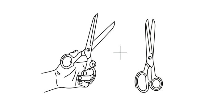 Line art illustration of a hand holding scissors plus a pair of closed scissors.
