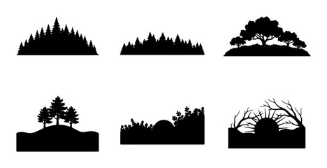 Vector Forest and Tree Silhouettes, Nature Landscape Elements, Organic Shapes, Black and White Outdoor Scenes, Graphic Design Assets © Kamrul