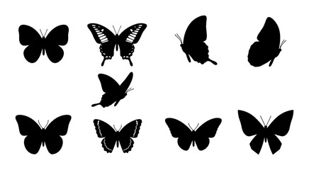 Black Butterfly Silhouettes, Elegant Insect Vector Icons, Delicate Winged Creatures Collection, Nature and Wildlife Graphics © Roksana