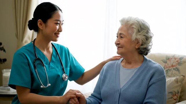 An Asian nurse gently places her hand on an elderly East Asian patient's shoulder
