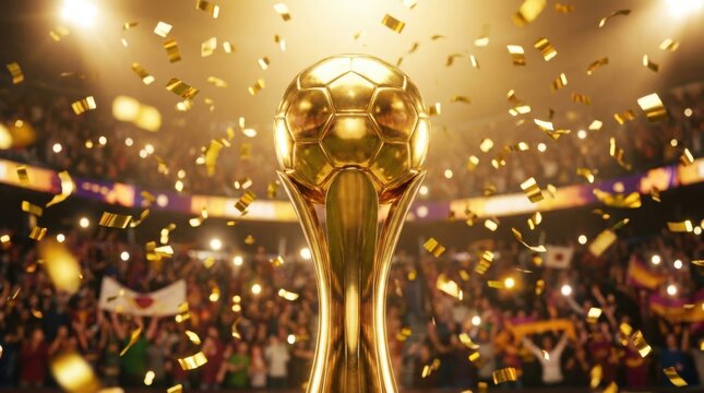 Golden soccer trophy cup with falling confetti in a crowded stadium