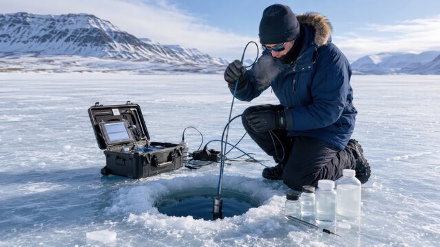 Scientist collects water samples from a frozen lake in a cold environment while conducting research on January 15 at a remote location