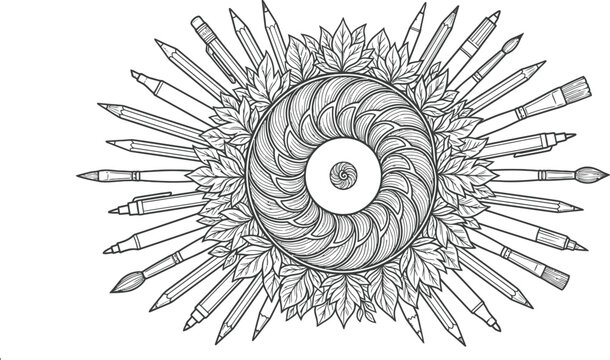 Pencils brushes and leaves floral ornament in black and white