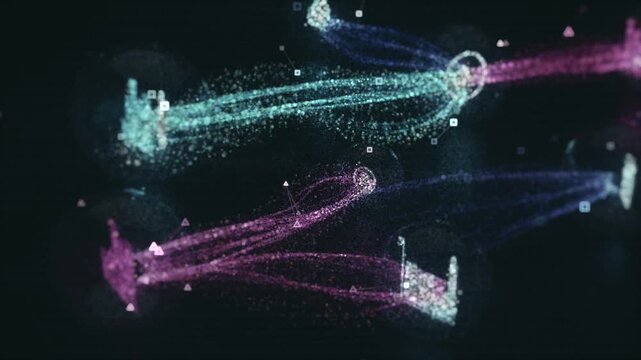 Glowing particle streams form an abstract digital network with floating icons and nodes on a dark background. Futuristic 3D render motion design for technology concepts.