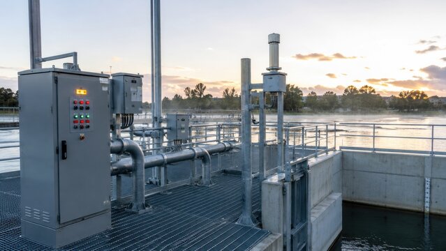 Water treatment facility with control panels and pipelines at sunset near a river