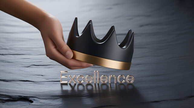 Corporate excellence luxury branding and professional achievement concept with close up of hand placing elegant black and gold crown block on executive desk table