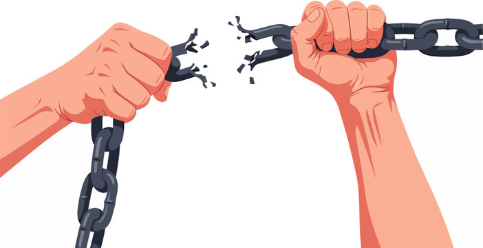 Hands pull apart a heavy metal chain to symbolize the act of breaking free from restrictive bondage.