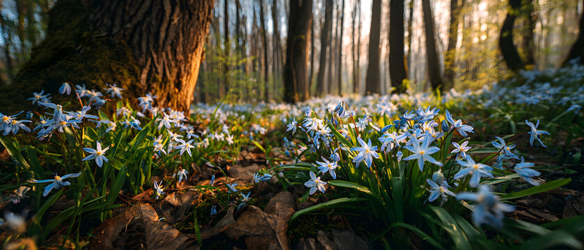 Beautiful spring forest covered in blooming blue wildflowers at sunrise
