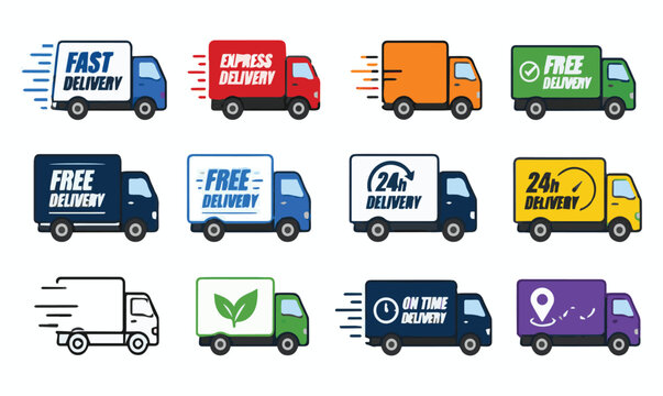Delivery trucks in a grid with various icons and text labels for express and free shipping services