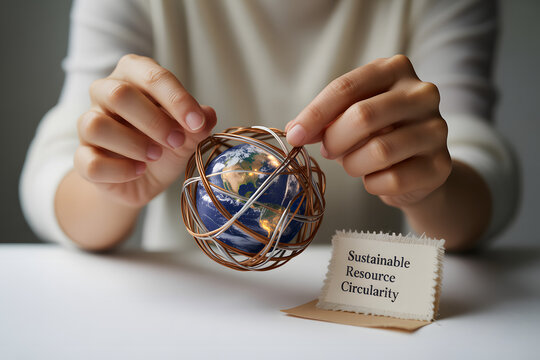 Sustainable resource circularity and global conservation concept with hands wrapping miniature planet earth globe inside protective wire wooden cage structure