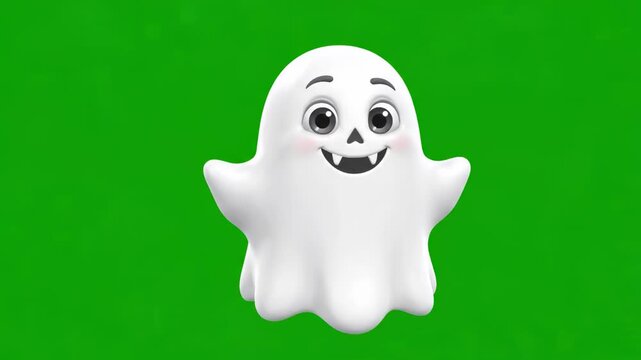 Adorable 3D White Ghost Character Floating Happily on Chroma Key Green Screen, showing off cheerful facial expressions