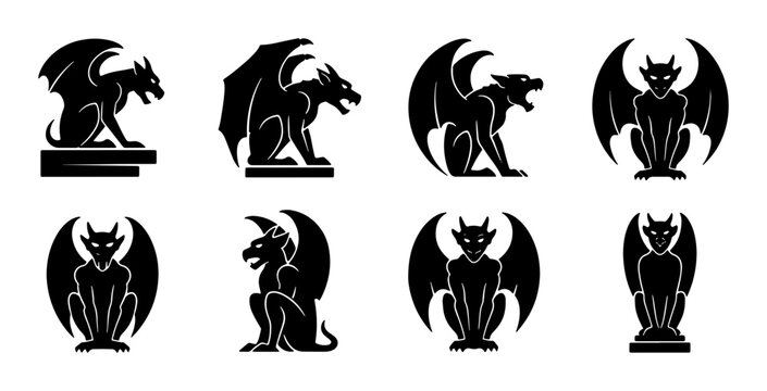 Gargoyle Vector Icons Set: Gothic Creature Silhouettes, Medieval Architectural Elements, Fantasy Monster Designs, Dark Fantasy Art