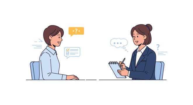Woman interviewing another woman at a table with speech bubbles in vector style