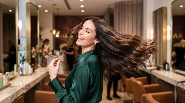 Woman with long dark hair in a green shirt at hair salon