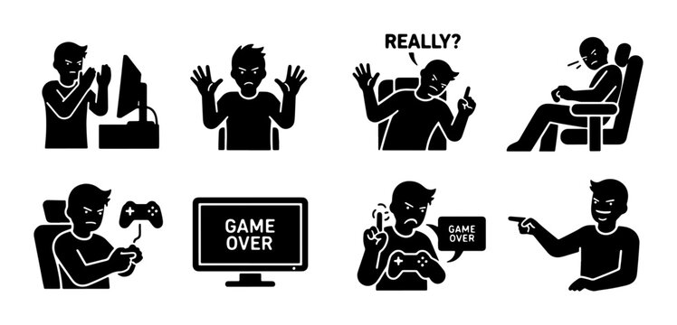 Gamer Emotions Set: Frustration, Victory, Defeat, and Surprise Icons.  Video Game Player Reactions, Digital Entertainment Expressions, 8 Black and White Vector Graphics.