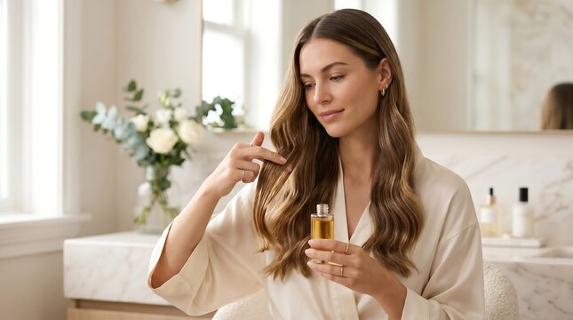 Woman applying perfume in bathroom