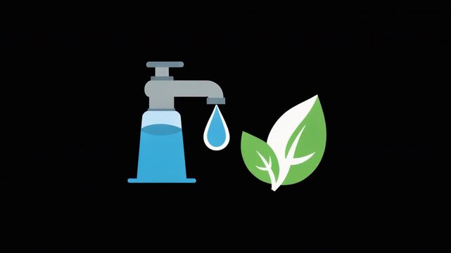 Flat Vector Animation of Water Faucet and Green Leaves Concept