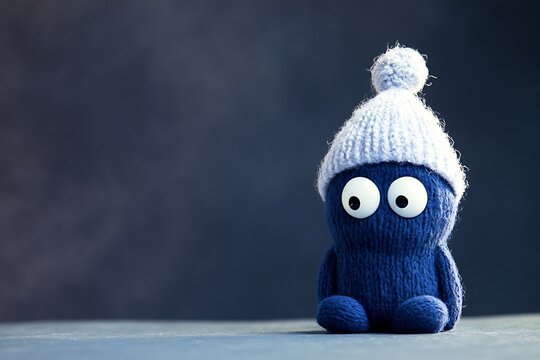 Blue knitted toy with white hat and large eyes