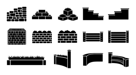 Vector Icons Set: Landscape Walls, Fences, and Stairs, Garden Elements, Construction Materials, Outdoor Structures, Architectural Design © Arif
