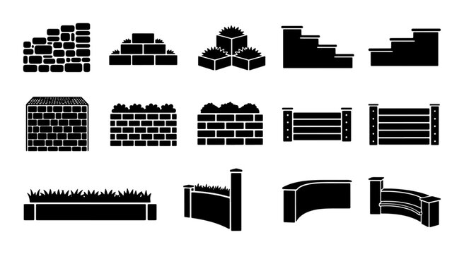 Vector Icons Set: Landscape Walls, Fences, and Stairs, Garden Elements, Construction Materials, Outdoor Structures, Architectural Design