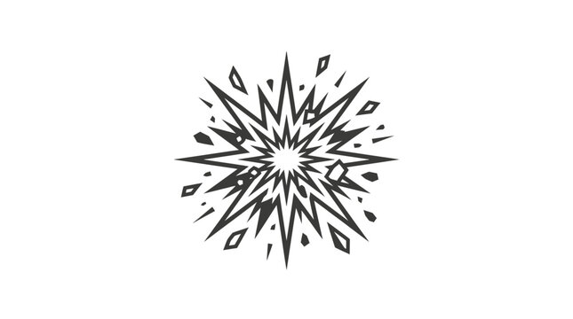 A black and white comic book style explosion graphic with sharp rays and debris.