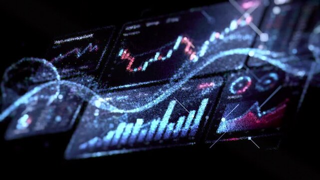 Abstract 3D render of glowing market charts and analytics interface on a dark background. Dynamic data visualization concept for finance, trading, and technology.