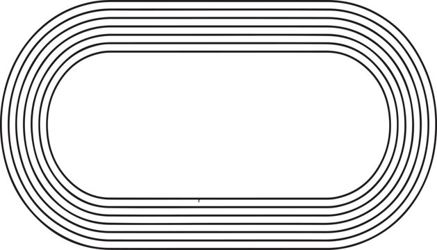 Top view of an athletic running track with multiple lanes for competition sports and racing events