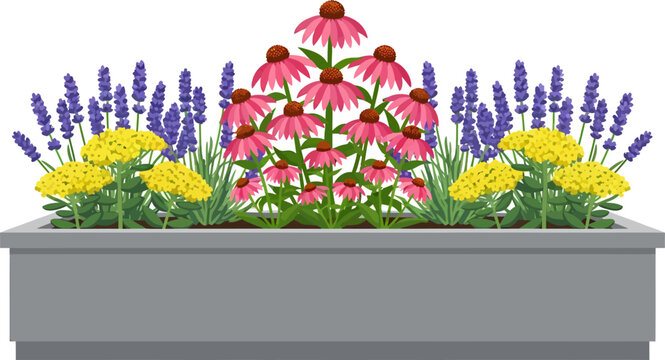 Flower planter filled with colorful echinacea and lavender blooms sits on a plain surface.