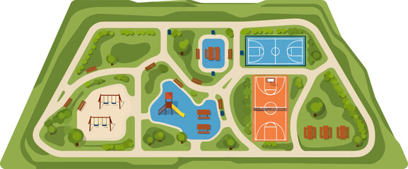 Public park map displays various recreational facilities including basketball courts and a playground area. © Amir