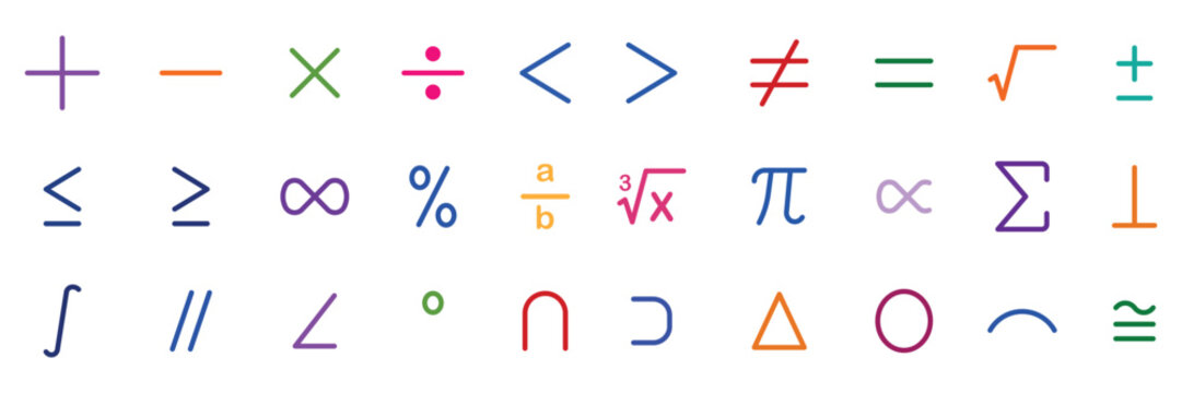 Mathematical symbols set, vector illustration of arithmetic signs, geometry shapes, algebra icons and calculus notations for educational infographic.