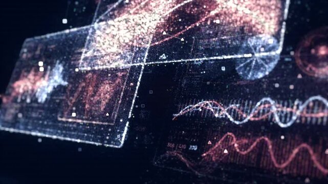 Abstract 3D render of floating holographic charts and waveforms in a dark tech space. Digital dashboard visualization concept for data analysis and AI.