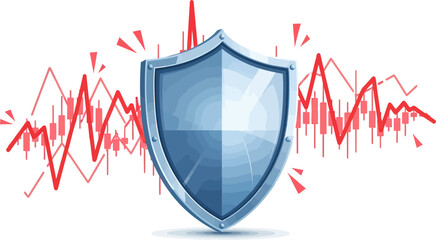 Protective shield stands centered against a volatile red stock market chart representing financial security. © Amir