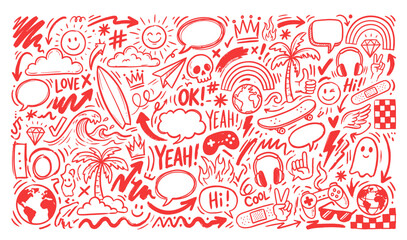 Hand drawn doodle pattern background with various icons and symbols like sun, palm tree, skull, speech bubbles, and gaming elements © Hand Made Assets