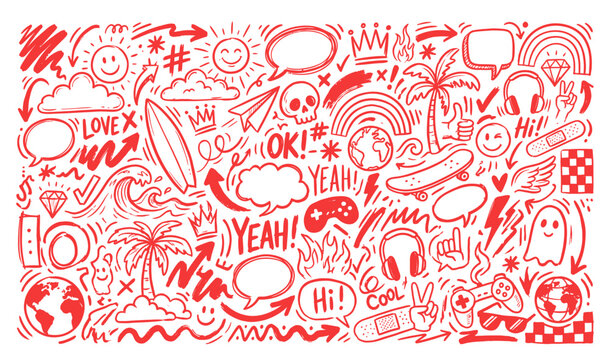 Hand drawn doodle pattern background with various icons and symbols like sun, palm tree, skull, speech bubbles, and gaming elements