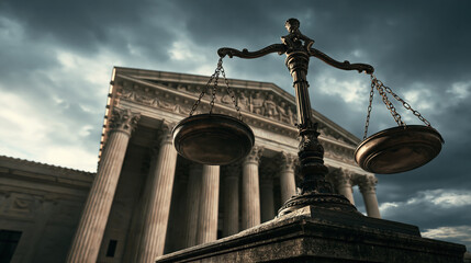 Naklejka premium Symbolic justice scales stand in front of classical courthouse building under dramatic cloudy sky
