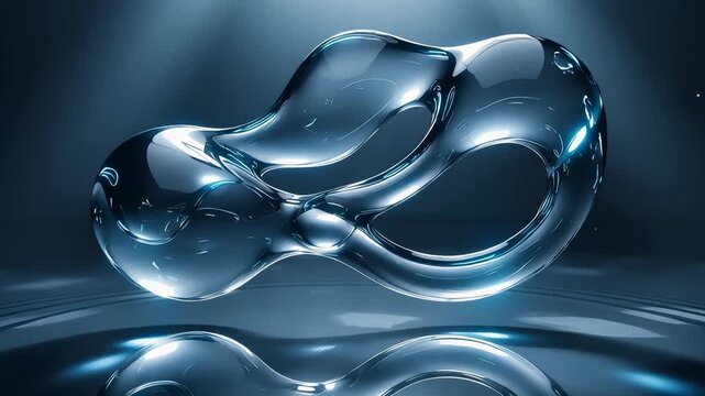 Abstract liquid molecules merging and forming a complex structure with dramatic blue lighting and ripples, showcasing a scientific or cosmetic concept of fusion and purity