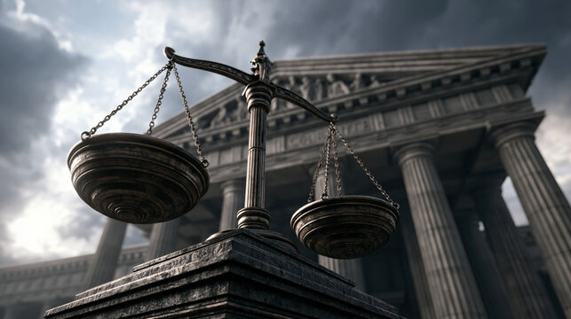 Symbolic justice scales stand in front of courthouse under dramatic cloudy sky representing fairness and law