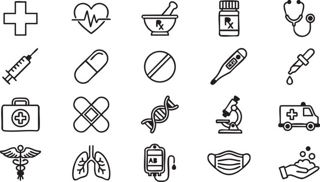 A collection of black and white vector medical icons including a cross, heart rate, pills, thermometer, and more on a white background for health and wellness design