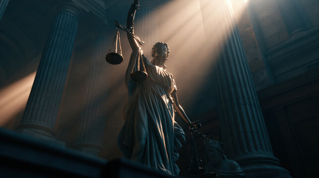 Symbolic justice scales statue law concept with dramatic light rays in courthouse interior